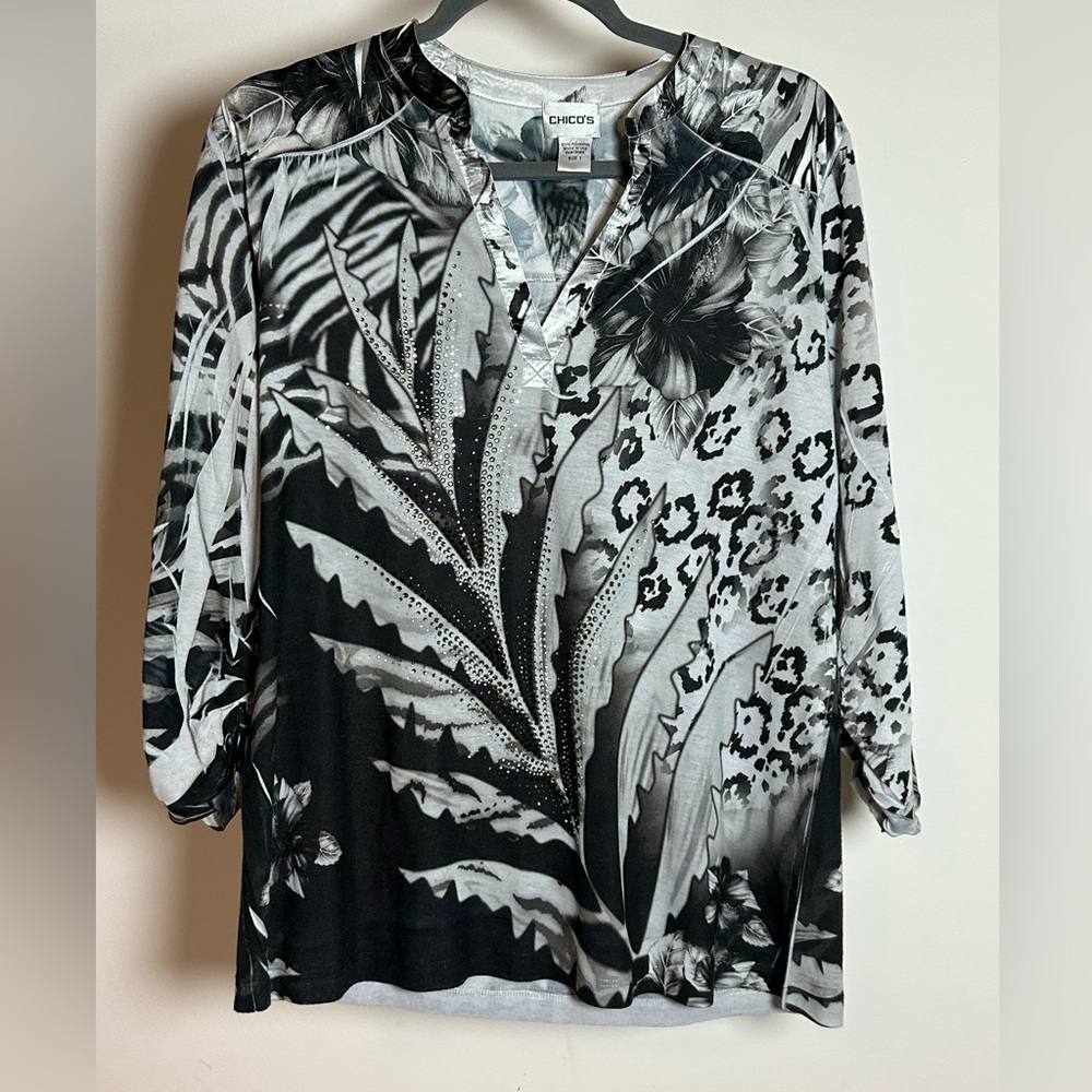 Chico's‎ Monochrome Floral and Animal Print Blouse